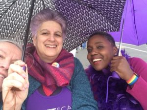 Mary McGinley, Wendy Sheridan, Robin Renee with umbrellas, NJ Pride 2018-06-03