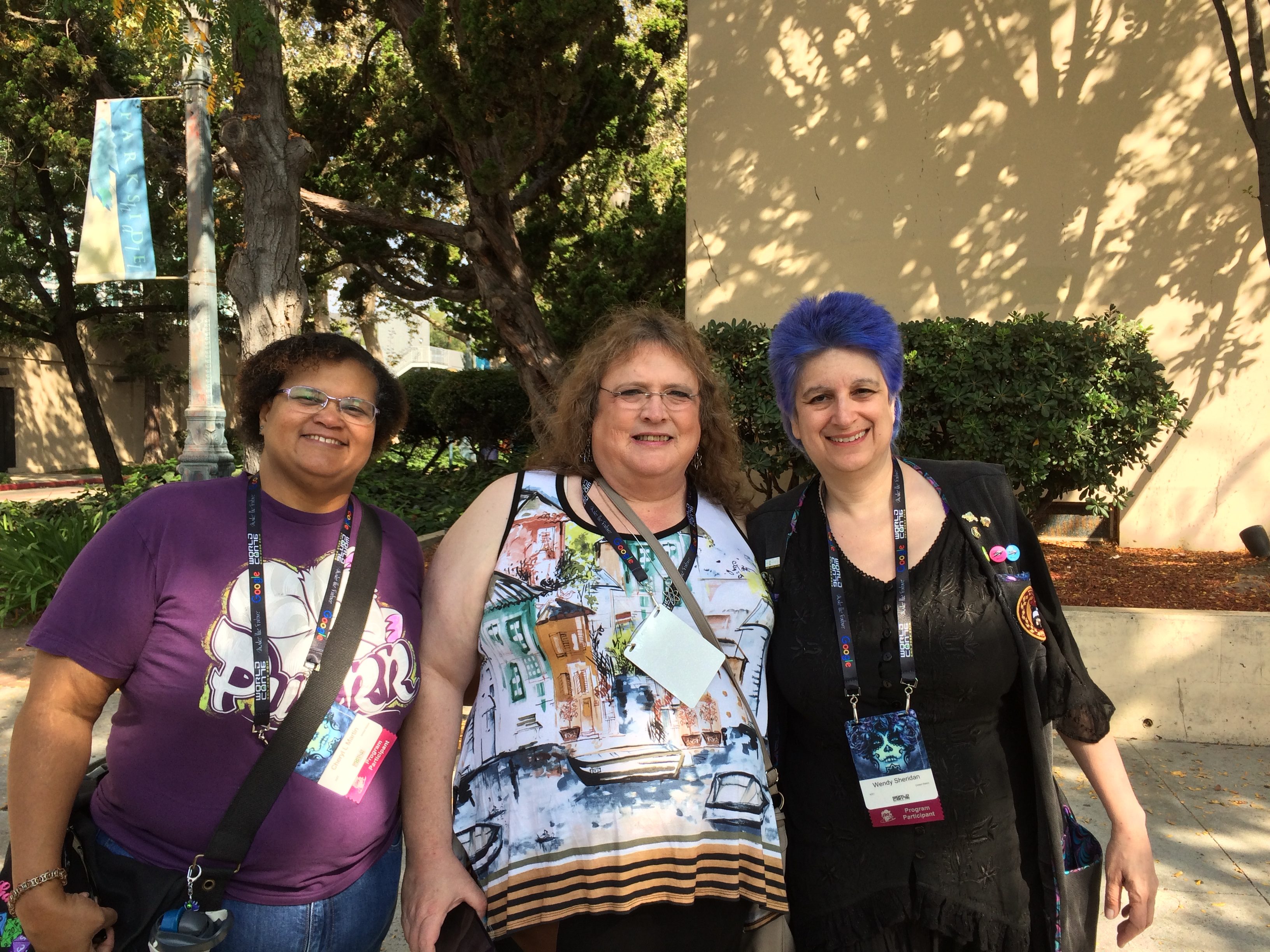 (L to R) Cheryl Martin, Joy Denebeim, and Wendy Sheridan at Worldcon76 in San Jose, CA, August 2018
