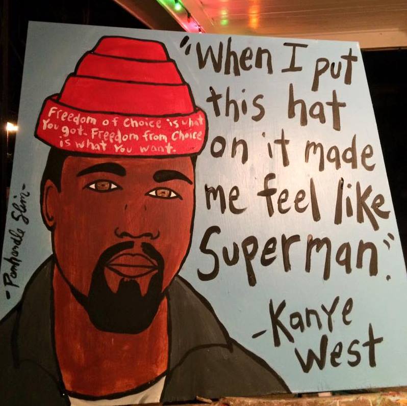 Kanye West wearing Devo Energy Dome - painting by Panhandle Slim