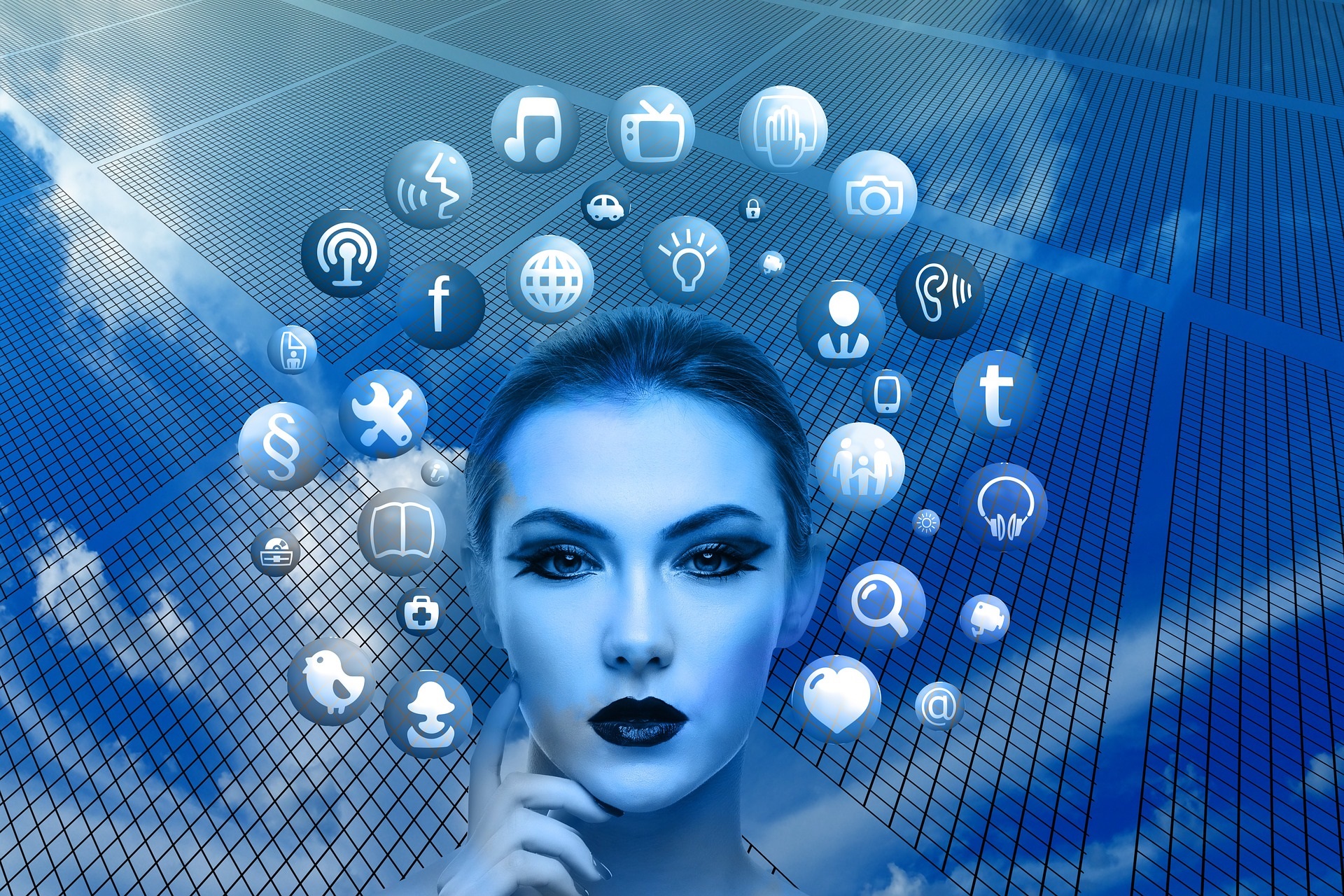 woman with a halo of social media symbols