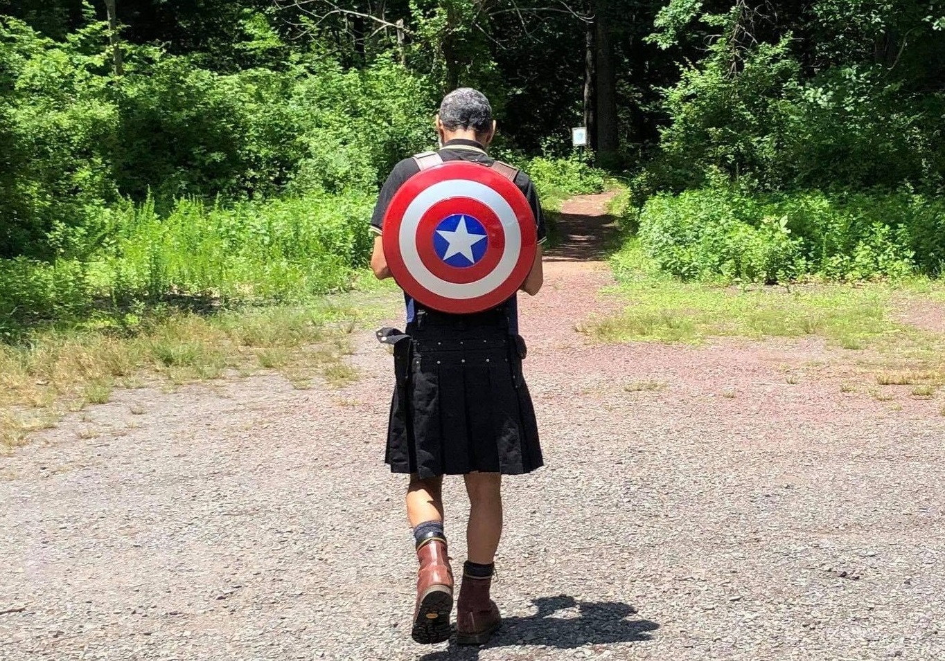 Pedro Serrano with Captain America shield backpack