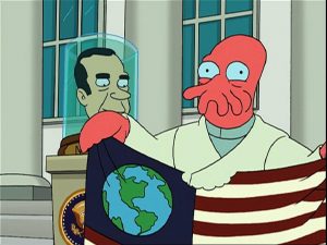 Futurama - A Taste of Freedom. Zoidberg holding the flag with a bite out of it while standing next to Nixon's head in a jar