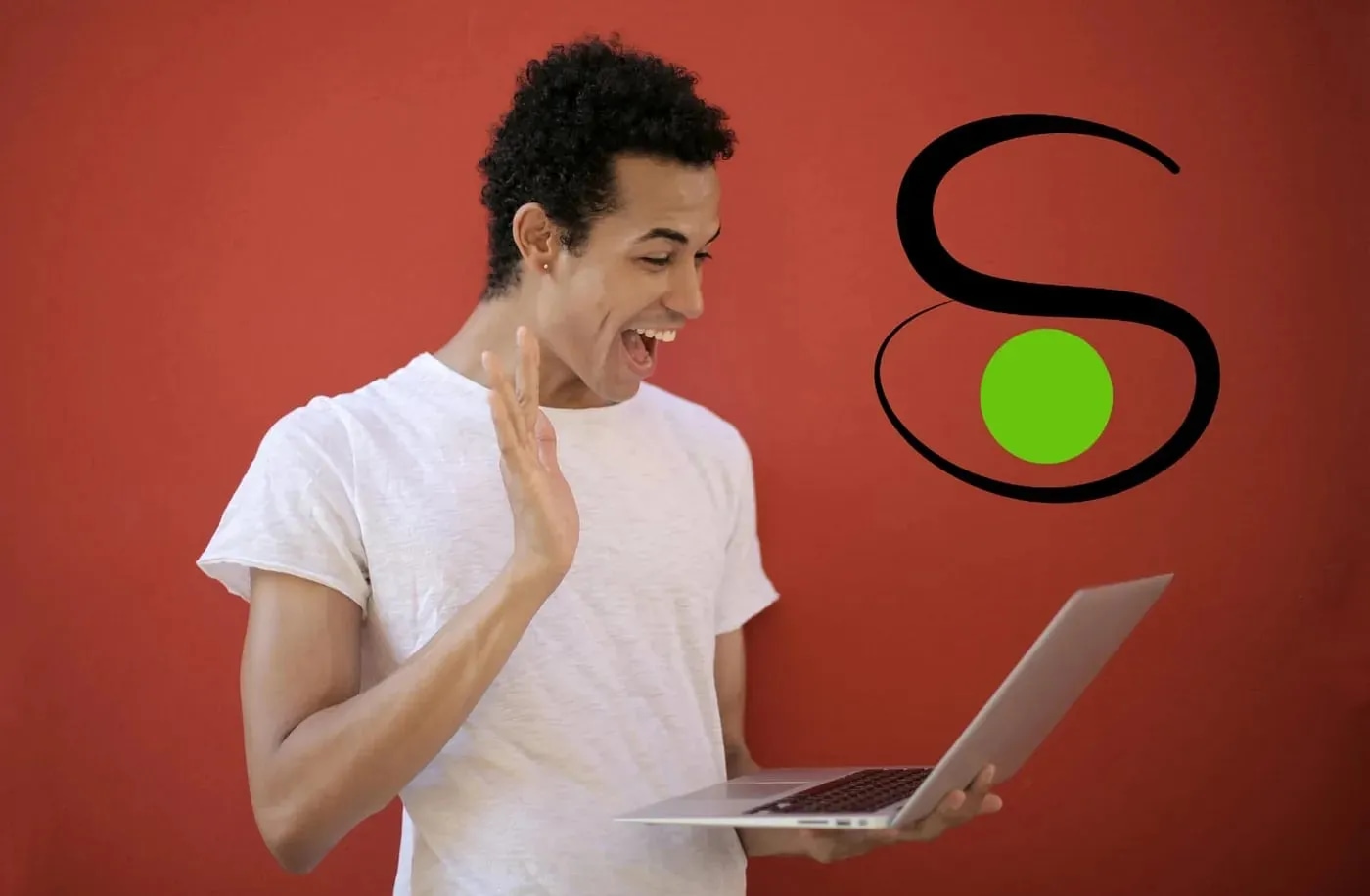 The Saners logo next to excited young person holding and looking at a laptop